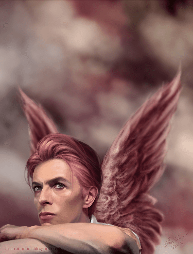 Illustrated image of David Bowie with wings